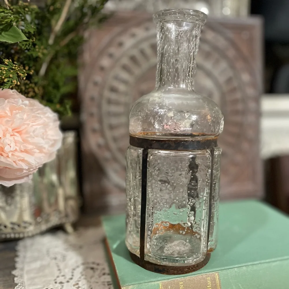 Vintage Pulegoso clear bubble Glass bottle Rustic metal French country cottage